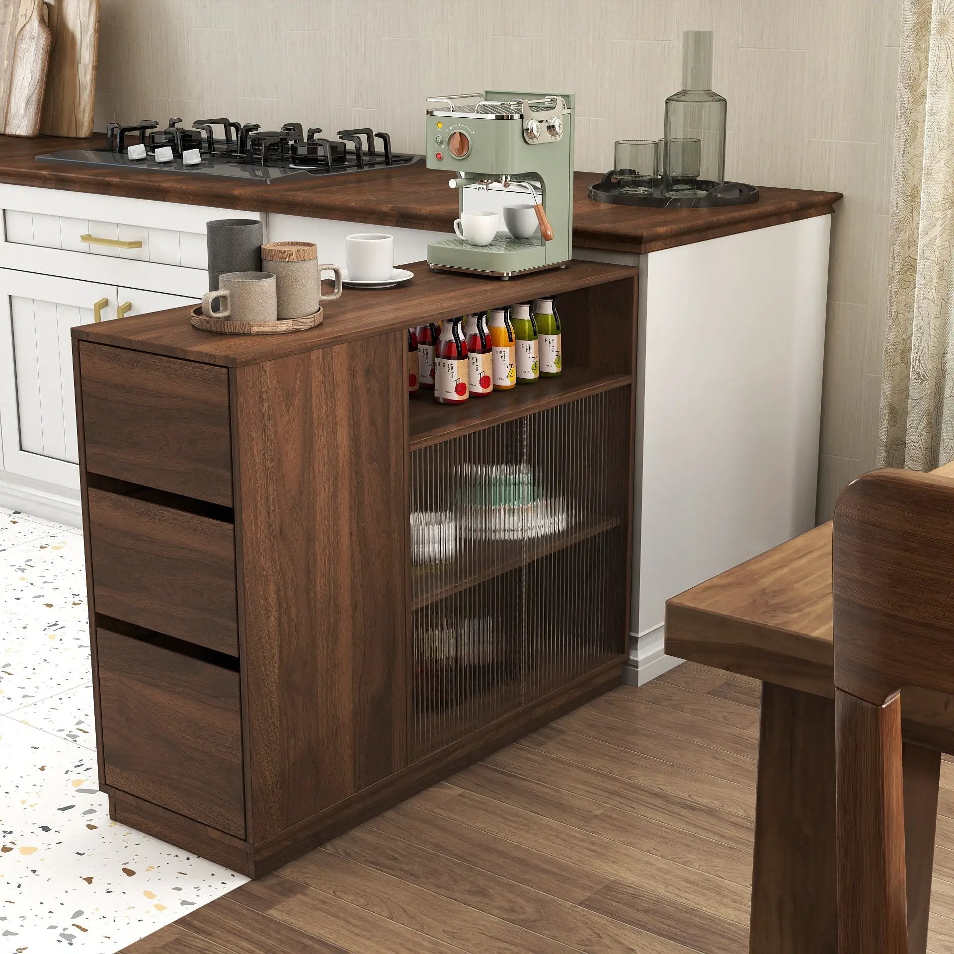 Kitchen Sideboard, Small Countertop Organizer with Sliding Glass Doors and Drawers by HouseOfZazla