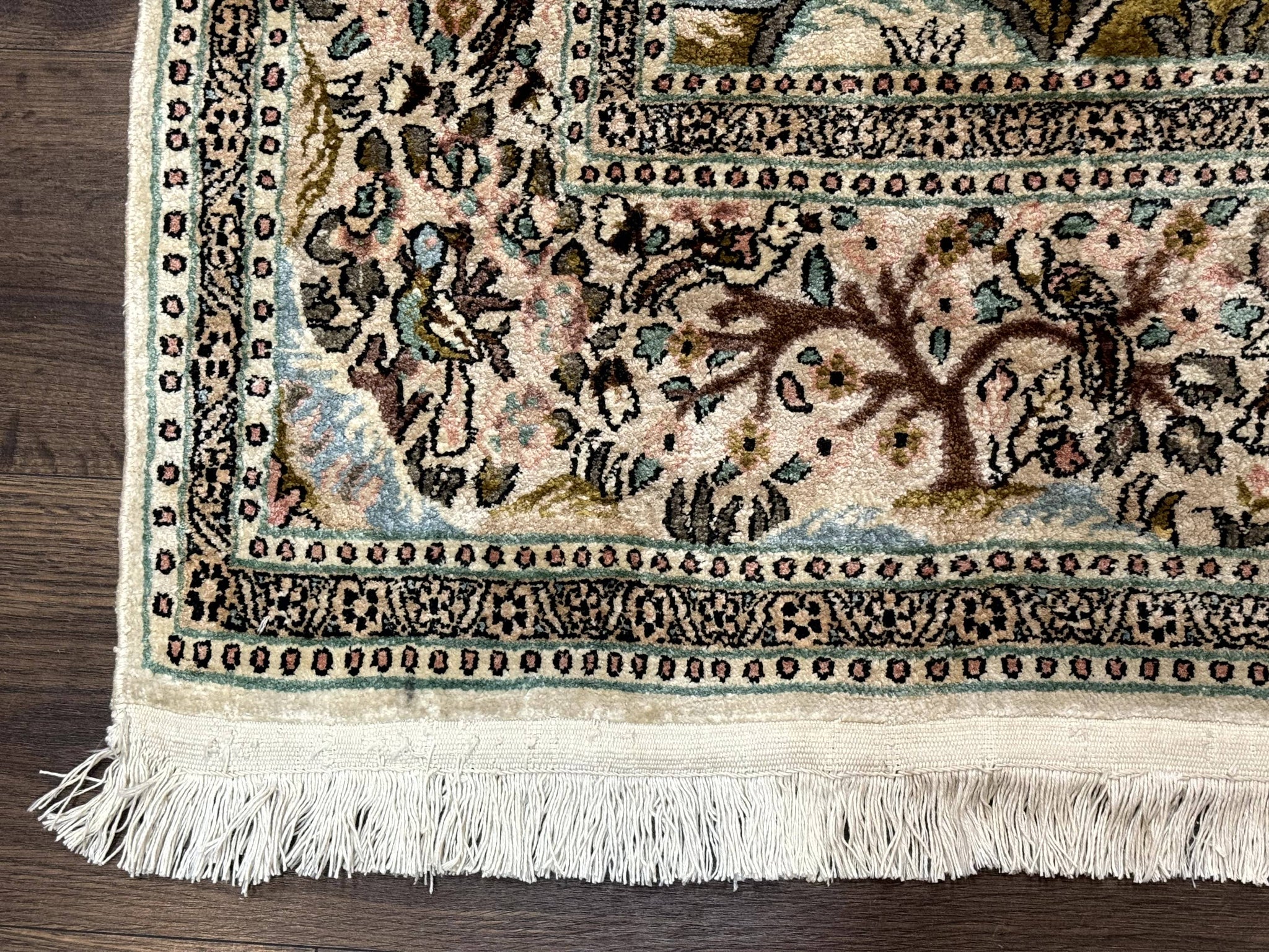 Indian Kashmiri Silk Rug 4x7, Tree of Life Design, Very Fine 380 KPSI, Birds by Jewel Rugs