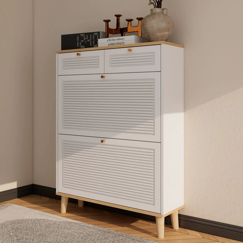 Modern Freestanding Shoe Cabinet With Flip Up Doors And Drawers, Compact Design For Entryway - White Natural by HouseOfZazla