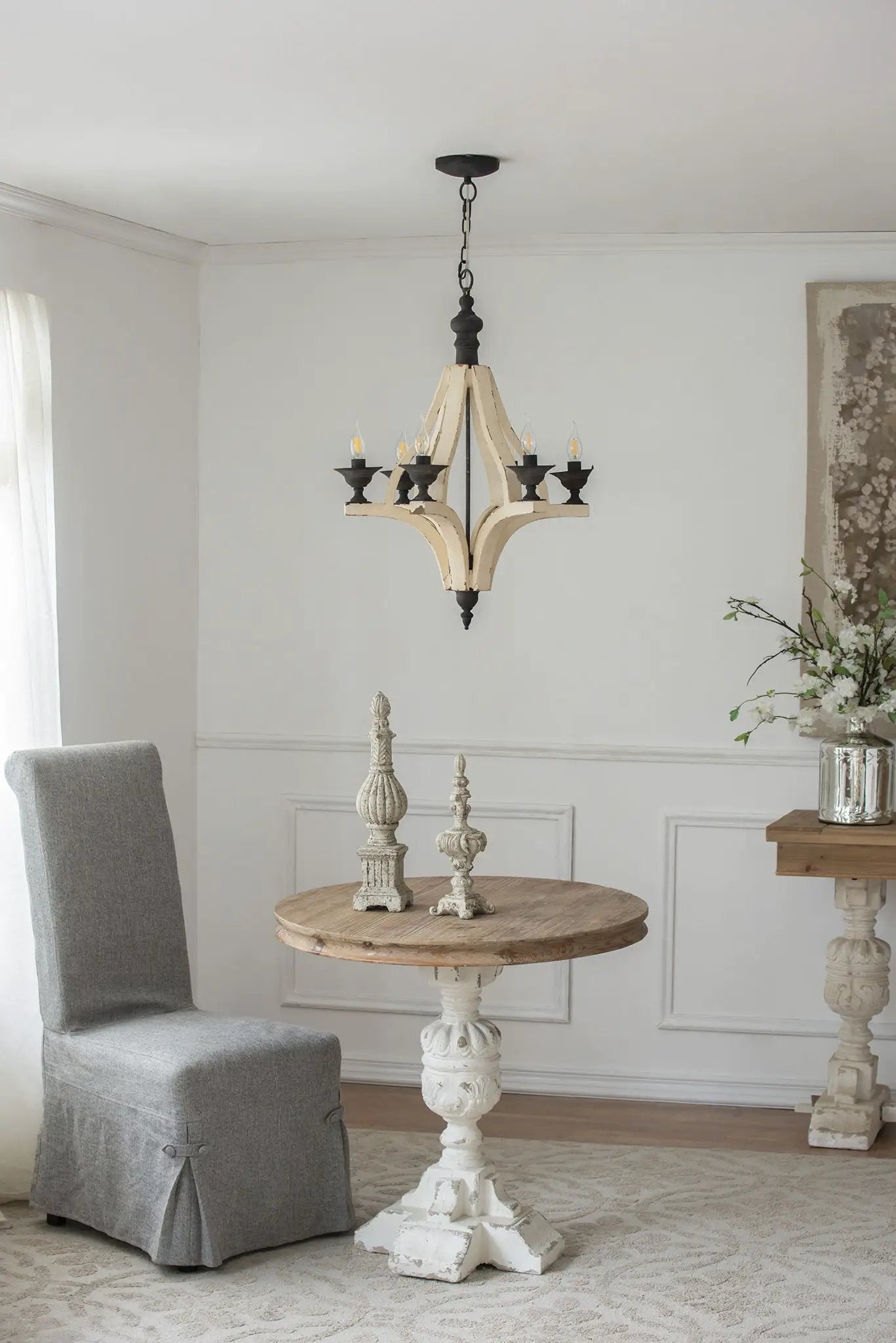 6 Light Wood Chandelier, Hanging Light Fixture With Adjustable Chain For Kitchen, Bulb Not Included - Cream by Unique Piece Furniture