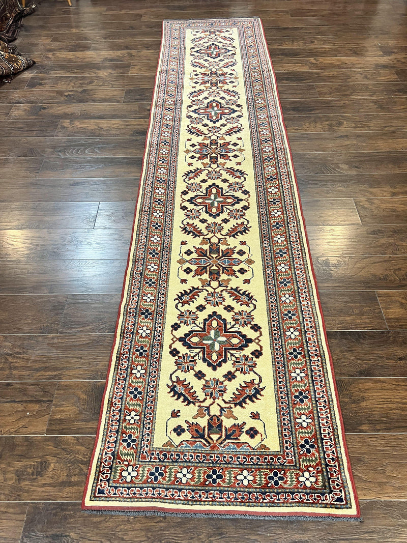 Afghan Heriz Runner Rug 2.9 x 12, Vintage Hand Knotted Persian Carpet for Hallway, 12ft Runner, Wool, Cream by Jewel Rugs