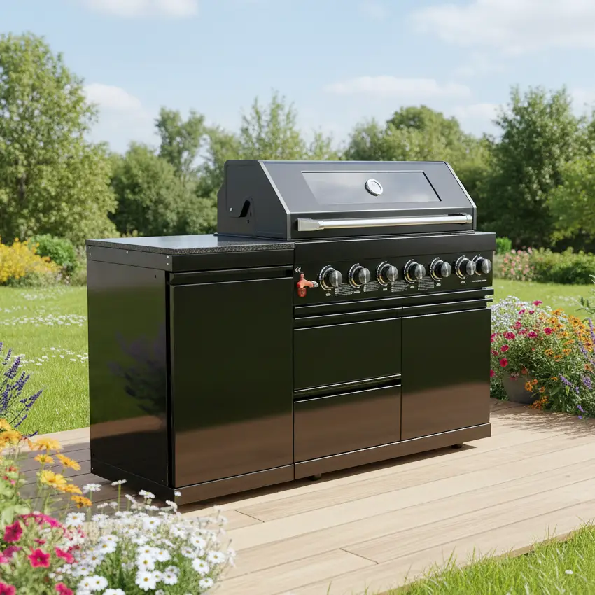63" 6-Burner 85,000 BTU Black Outdoor Kitchen Island Grill + Marble Countertops by Chery Industrial