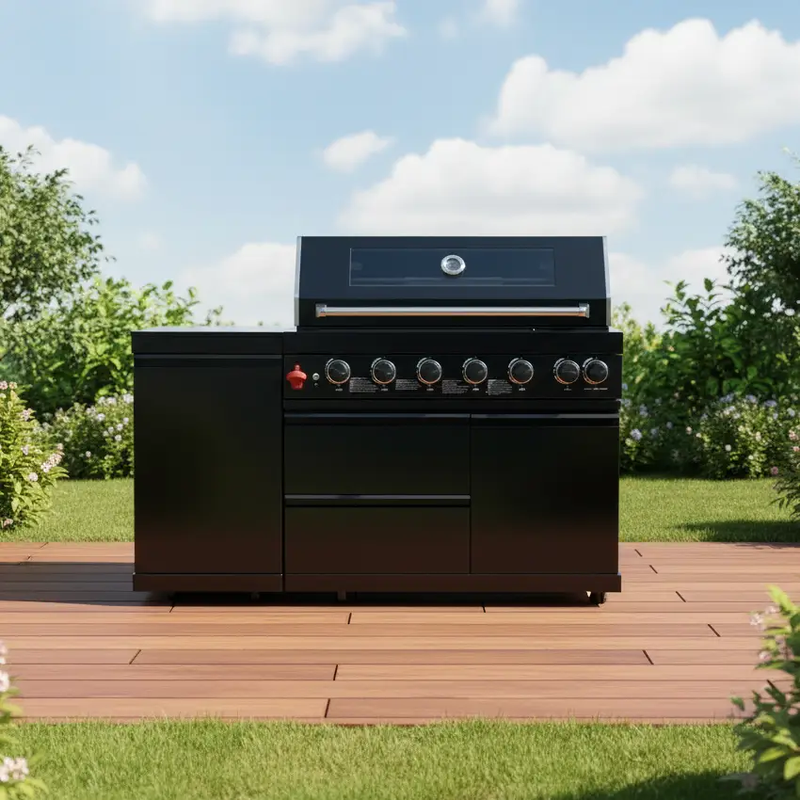 63" 6-Burner 85,000 BTU Black Outdoor Kitchen Island Grill + Marble Countertops by Chery Industrial