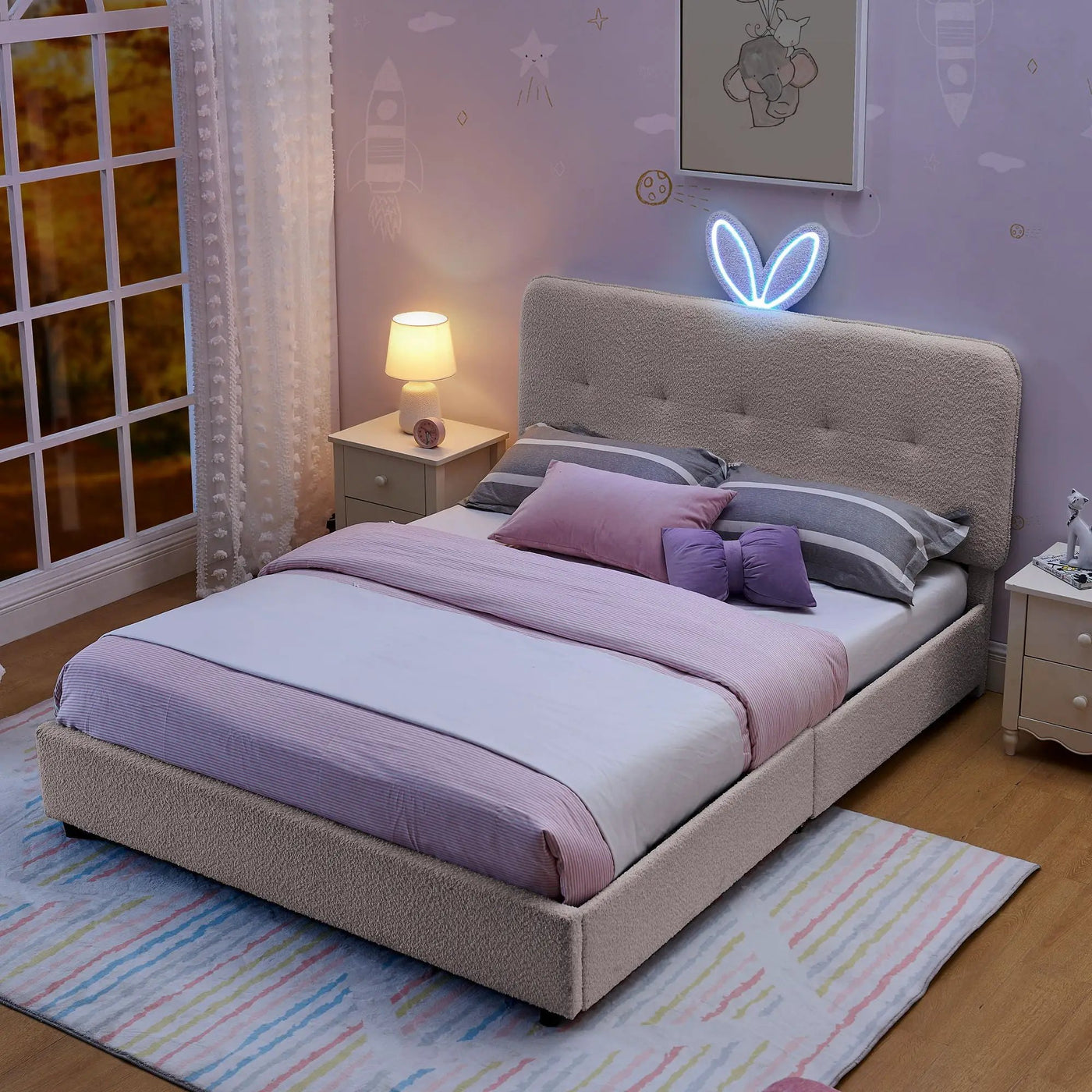 Upholstered Bed With Oversized Rabbit Ear Headboard, LED Lights & 4 Storage Drawers by Unique Piece Furniture