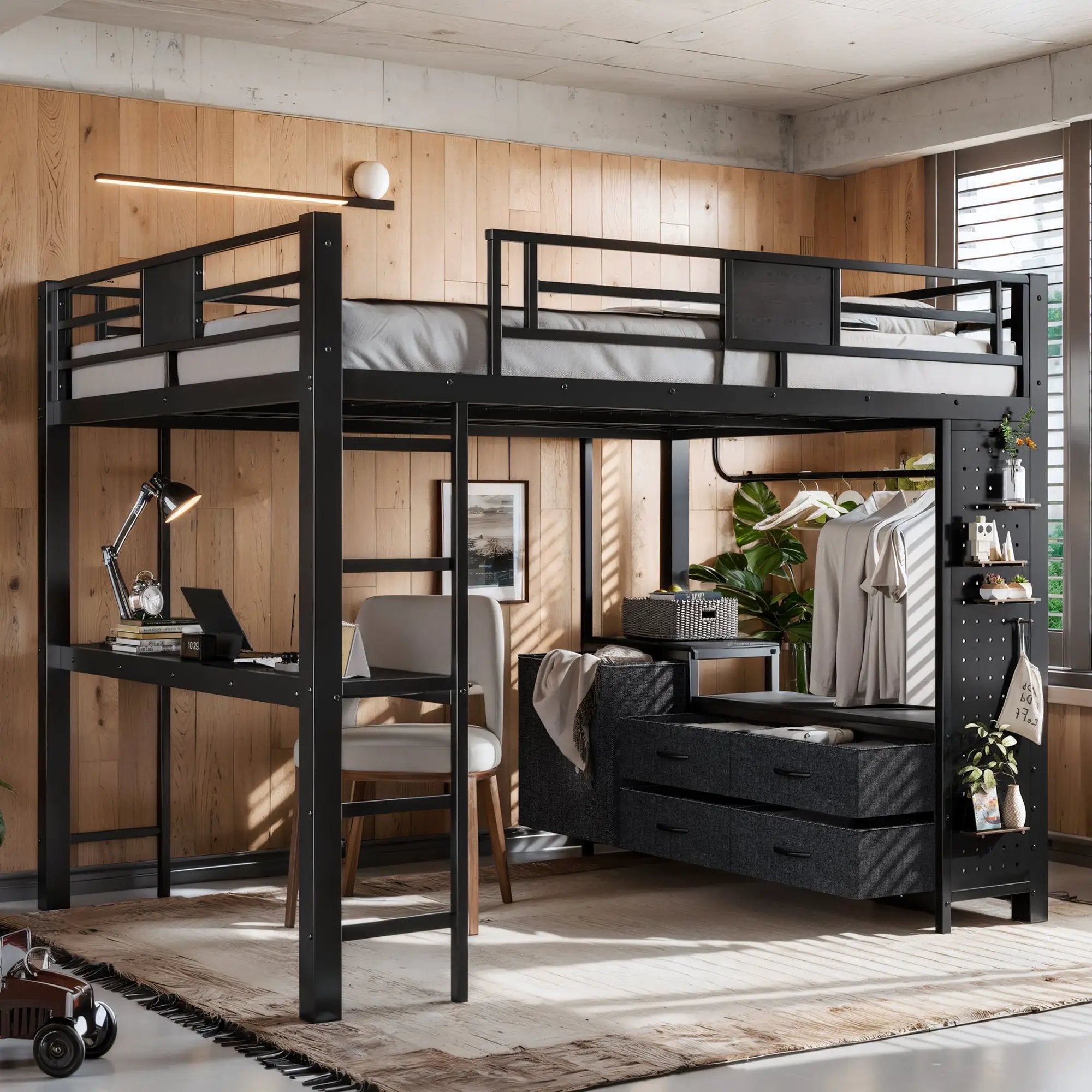 Queen Size Loft Bed with Desk & Shelves by HouseOfZazla