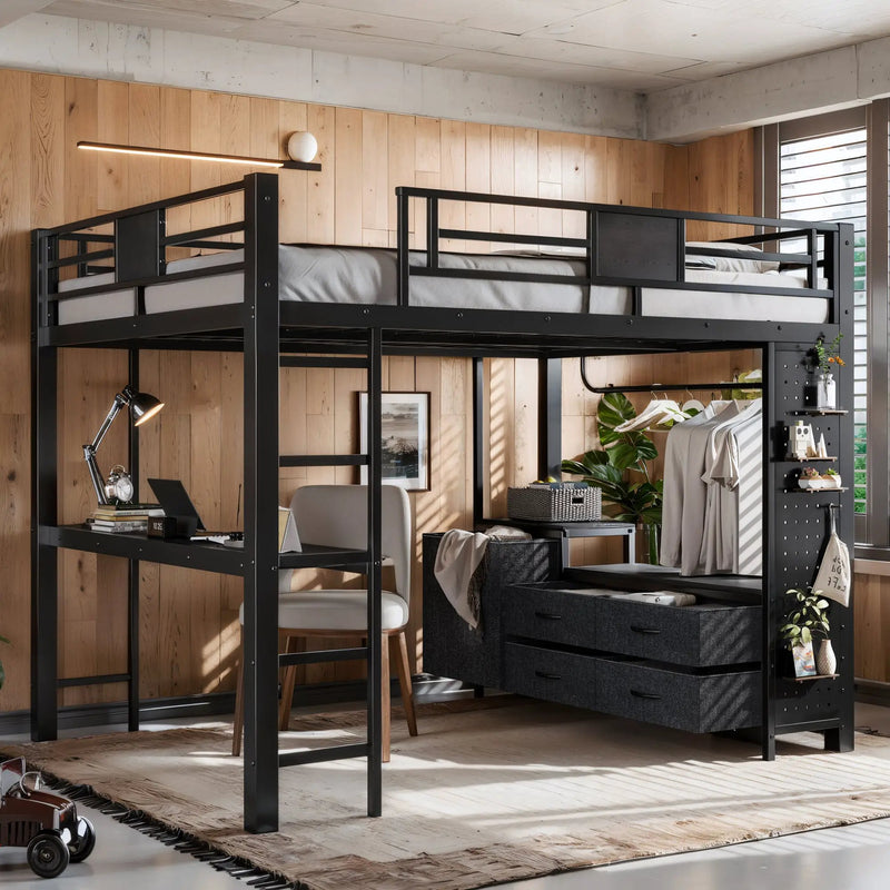 Queen Size Loft Bed with Desk & Shelves by HouseOfZazla