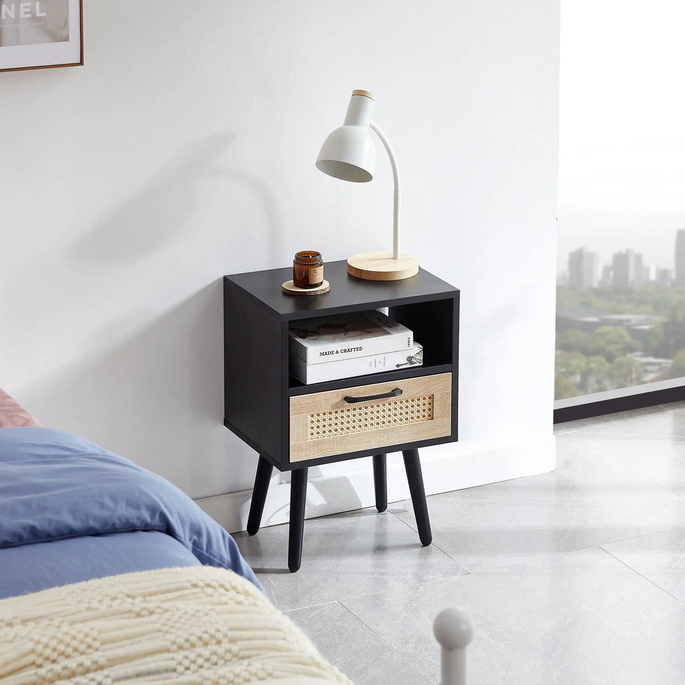15.75" Rattan End Table With Drawer And Solid Wood Legs, Modern Nightstand, Side Table For Living Room, Bedroom by HouseOfZazla