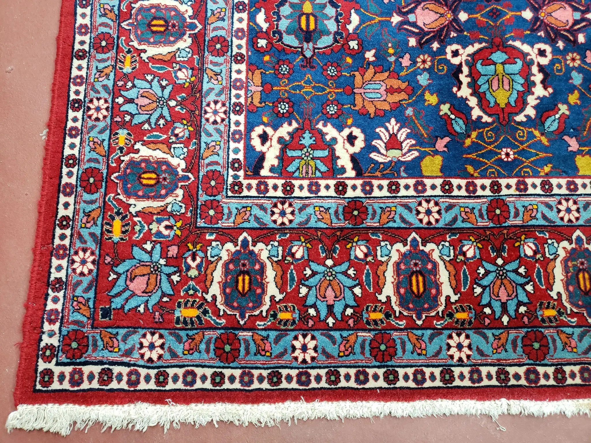 Rare Antique Persian Veramin Carpet, Mina-Khani Pattern, Blue, Red, Ivory, 7x11 ft, Hand-Knotted, Wool by Jewel Rugs