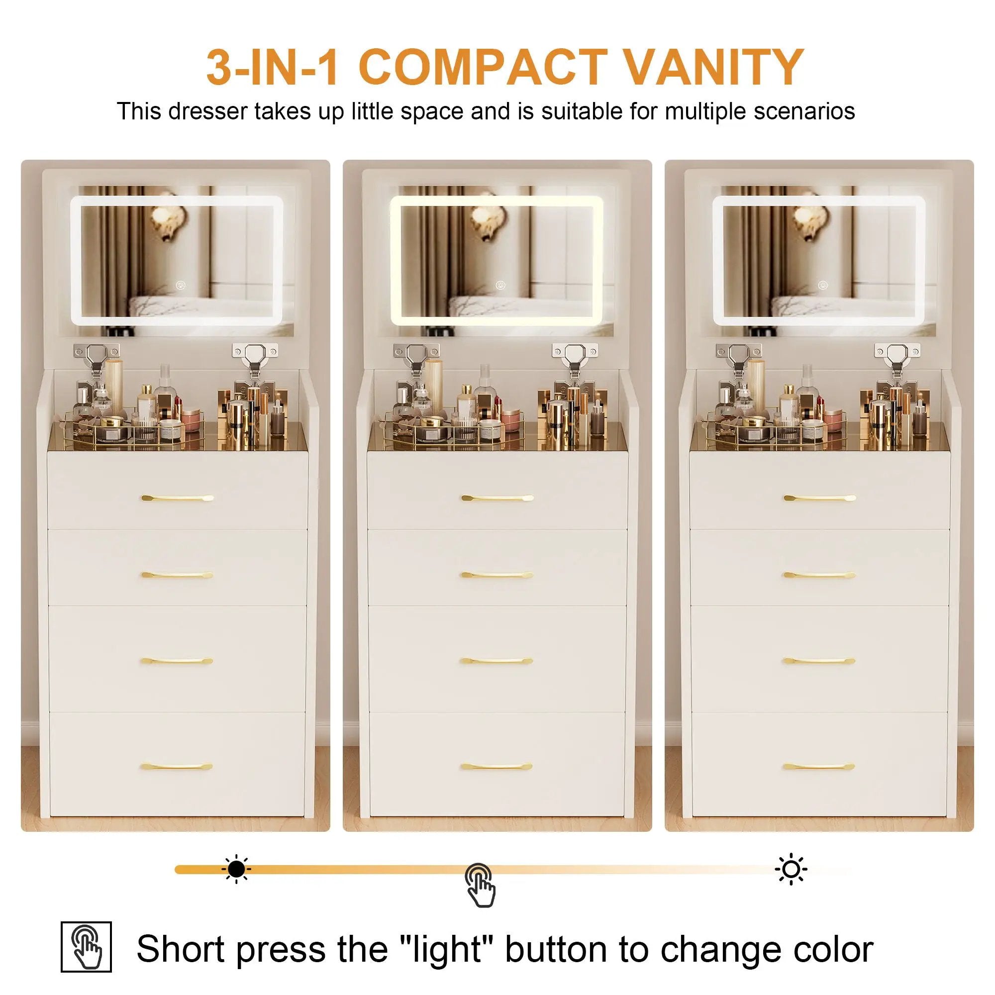 Compact 3 In 1 Vanity Desk With Open Top Mirror, Glass Desktop, 5 Height - White