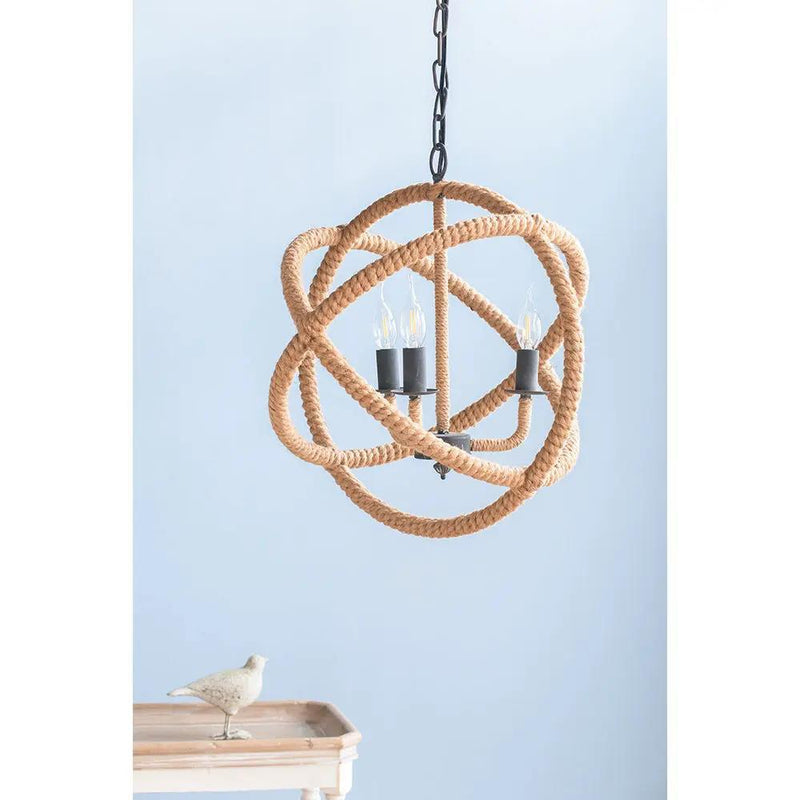 3 Light Farmhouse Chandelier, Rope Chandelier Globe Hanging Light Fixture With With Adjustable Chain For Kitchen, Bulb Not Included - Beige Brown by HouseOfZazla