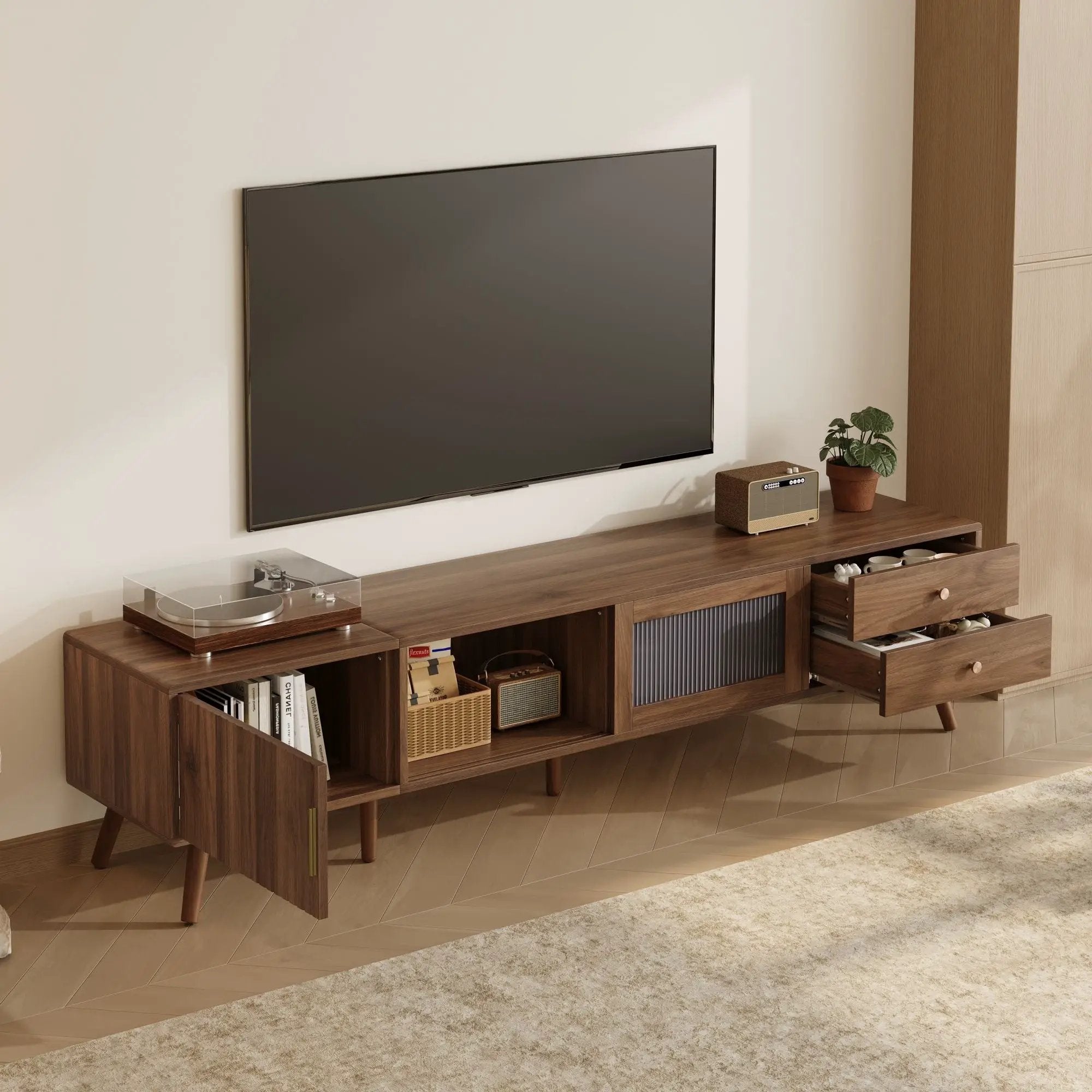 Doors TV Stand For TVs Up To 85", Entertainment Center With Storage Cabinets, TV Media Console Table For Living Room - Natural by Unique Piece Furniture