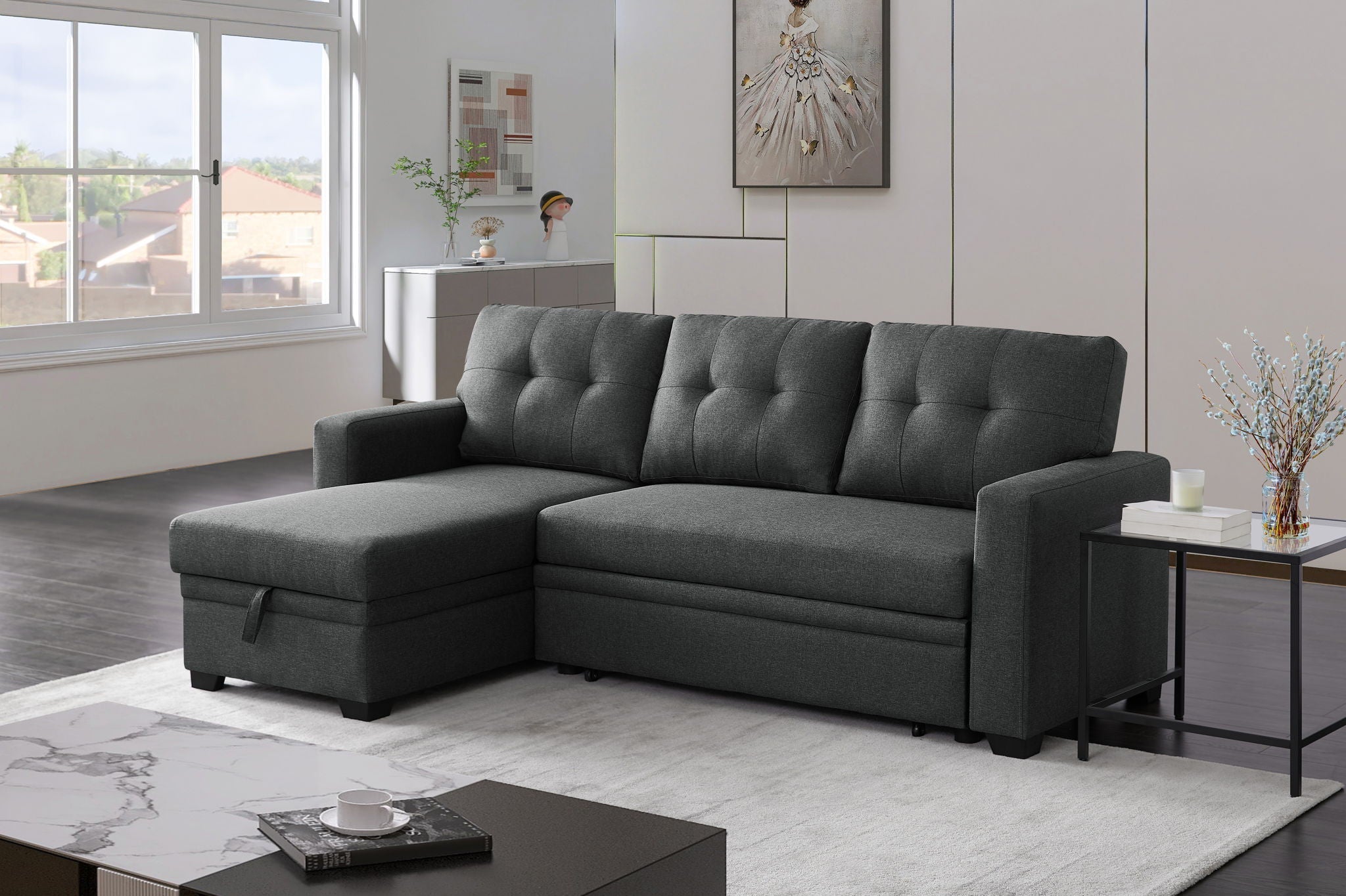 Upholstered Pull Out Sectional Sofa With Chaise by HouseOfZazla