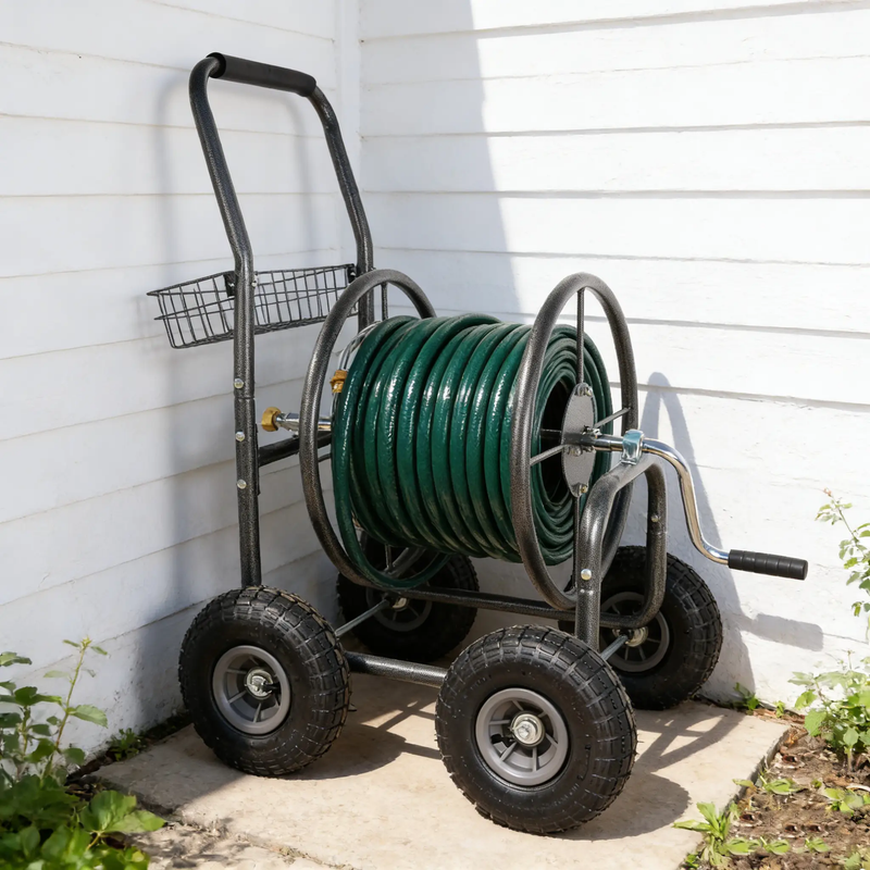 Garden Hose Reel Cart - 4 Wheels Portable with Storage Basket by HouseOfZazla