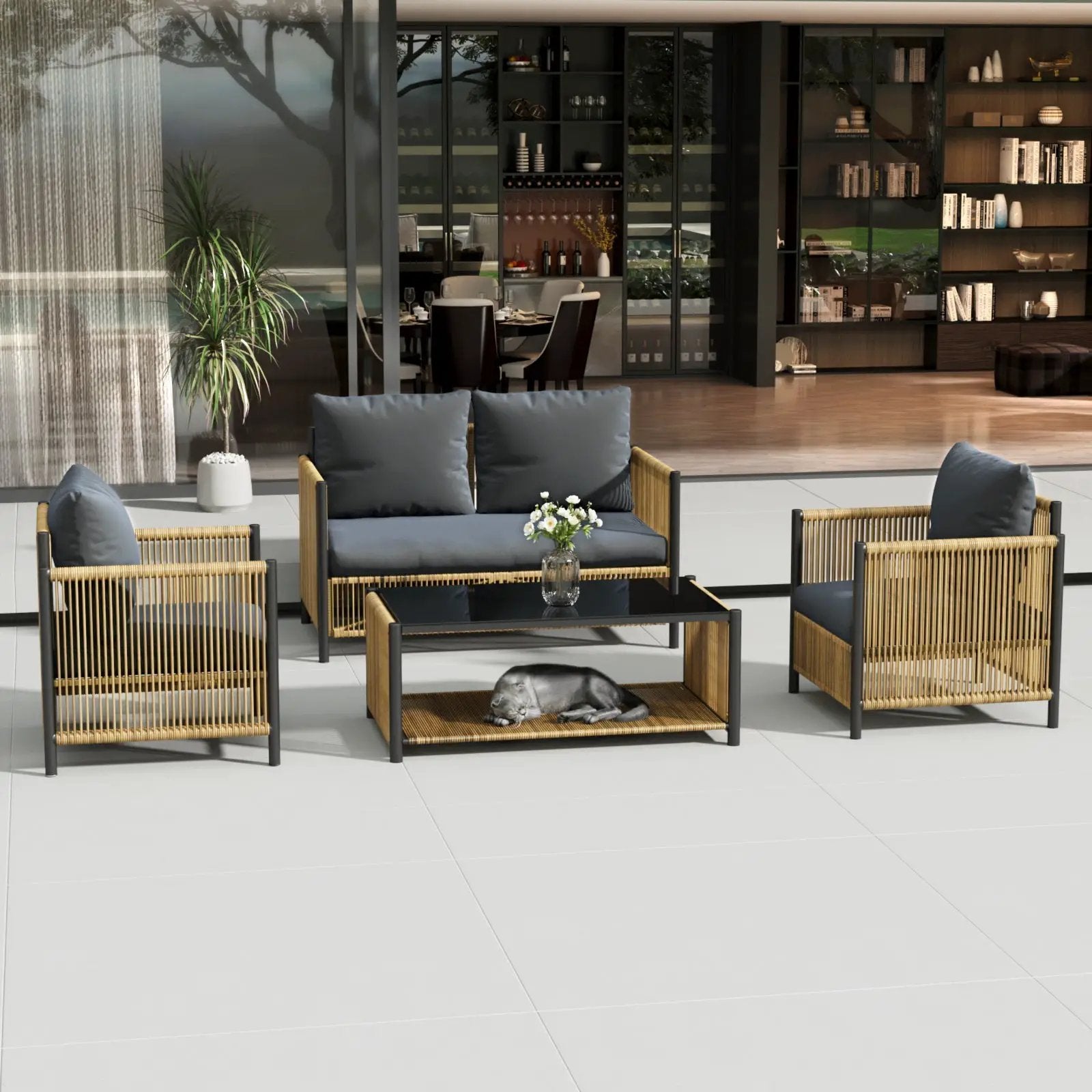Patio 4-Piece Brown PE Wicker Sofa Set with Grey Cushions by HouseOfZazla