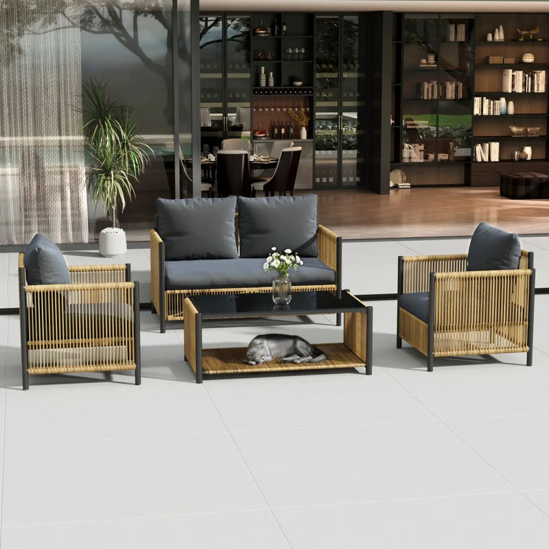 Patio 4-Piece Brown PE Wicker Sofa Set with Grey Cushions by HouseOfZazla