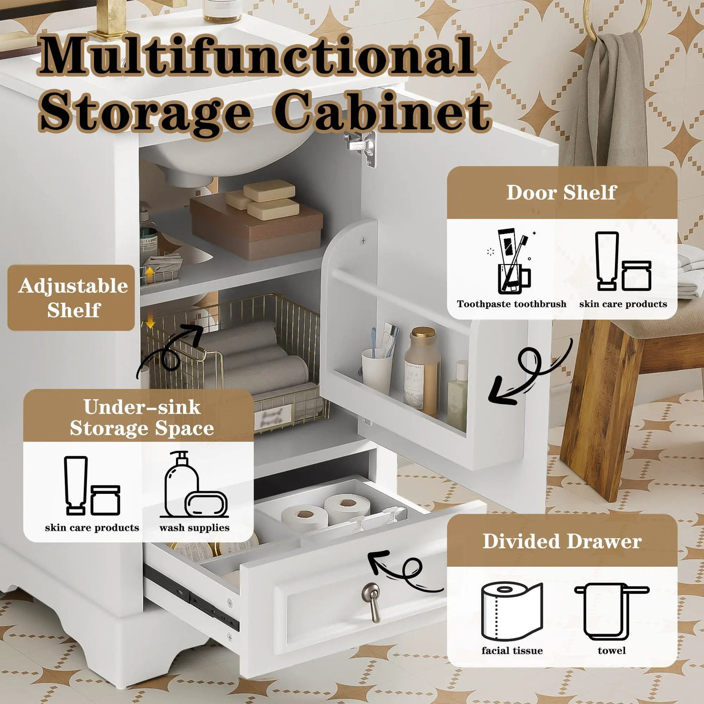 Bathroom Vanity With Sink, Soft Close Door, Adjustable U-Shaped Shelf by Unique Piece Furniture