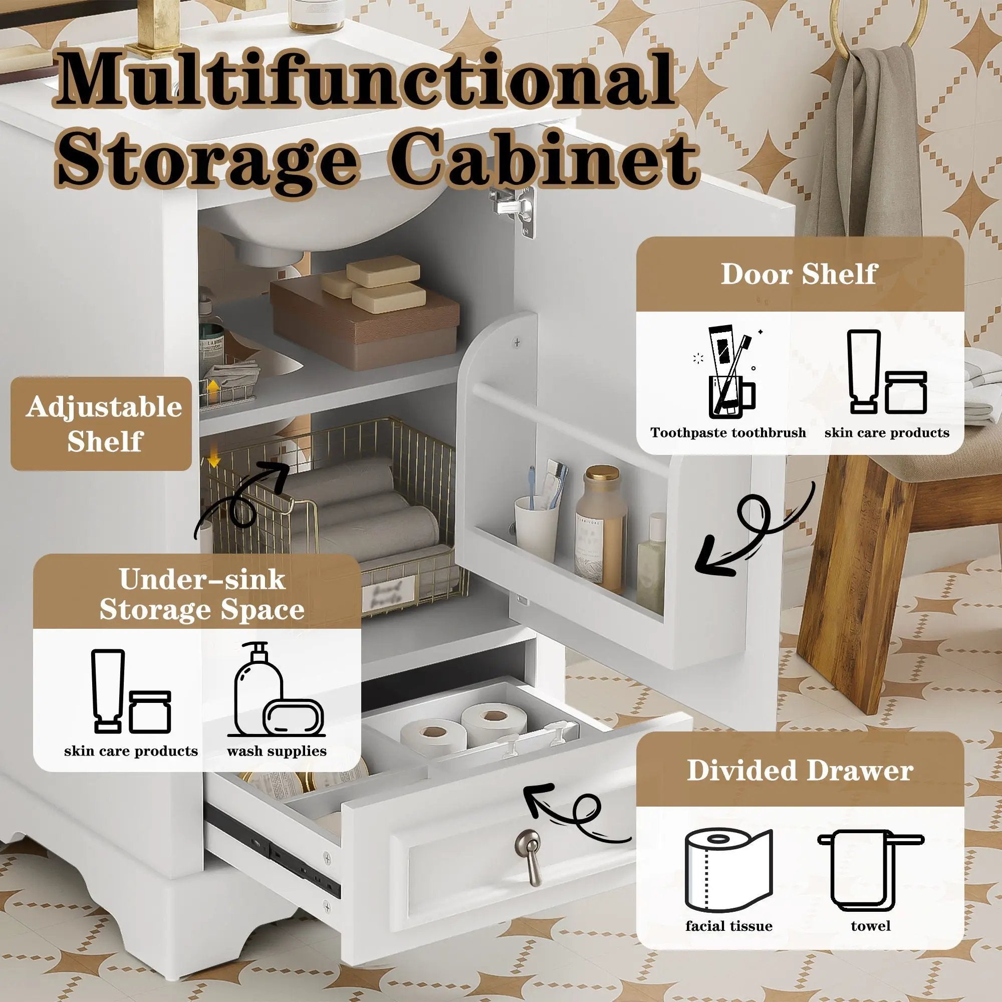Bathroom Vanity With Sink, Soft Close Door, Adjustable U-Shaped Shelf by Unique Piece Furniture