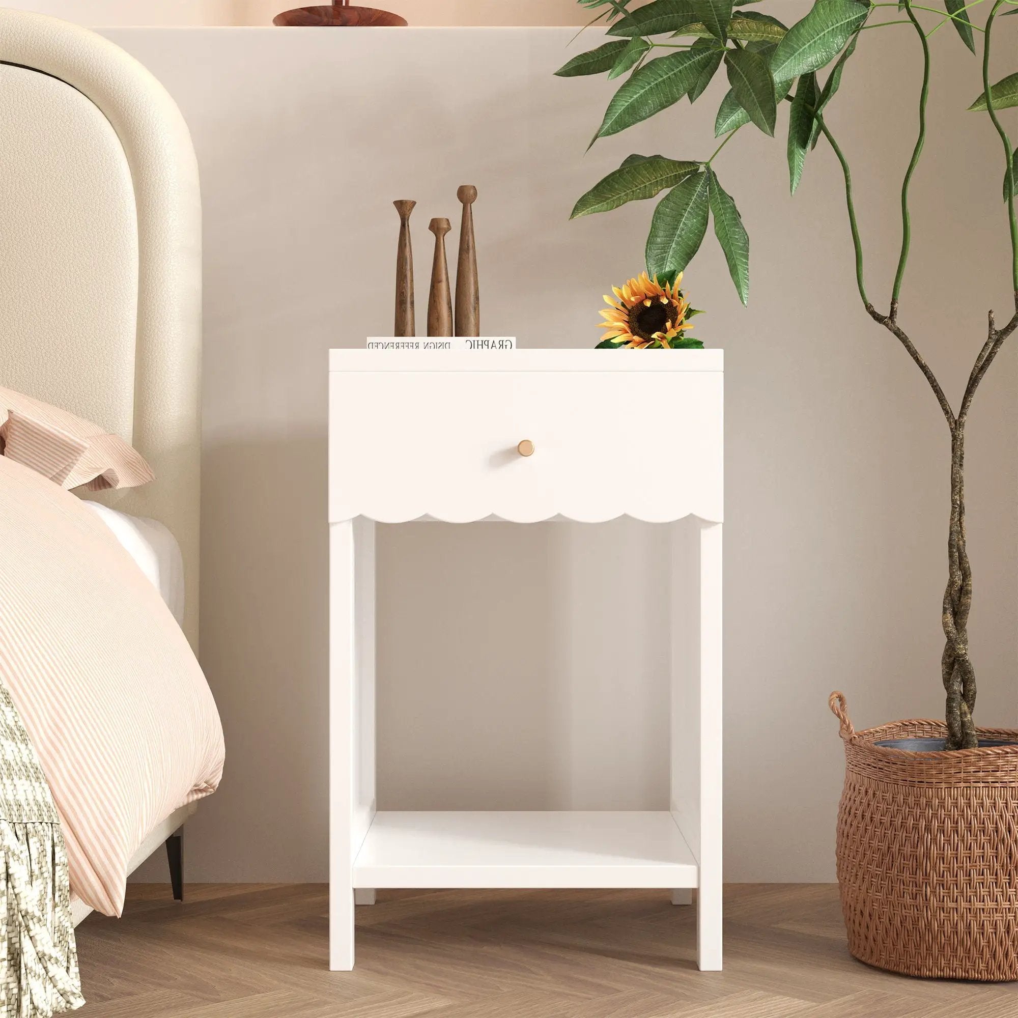 Nightstand With Drawer And Open Shelf, Scalloped Edge Bedside Table by Unique Piece Furniture
