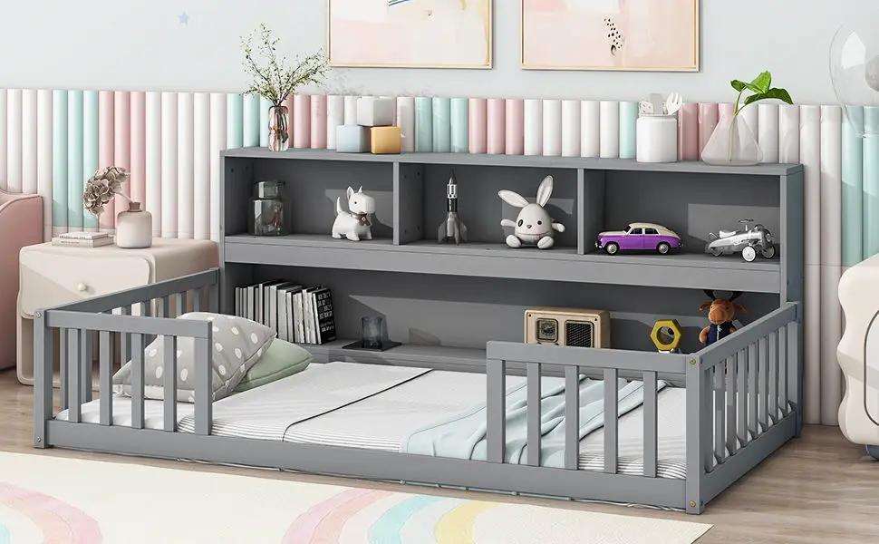 Floor Bed With Bedside Bookcase, Shelves, Guardrails by Unique Piece Furniture