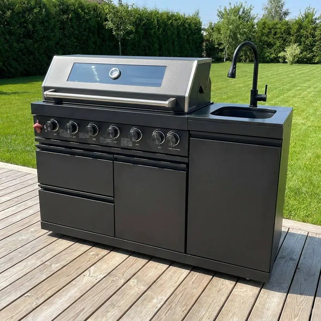 63" 6-Burner 85000 BTU Black Outdoor Kitchen Island Grill + Marble Countertops + Sink by Chery Industrial