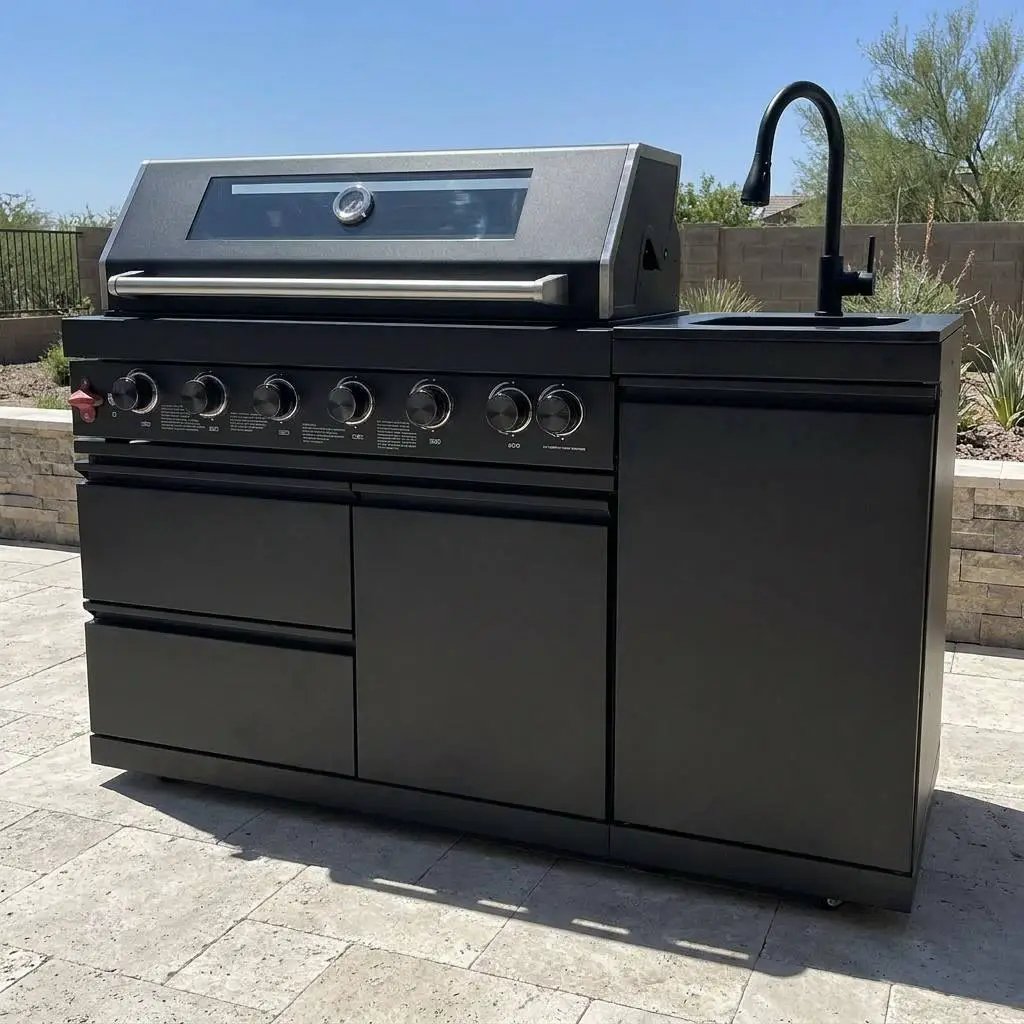 63" 6-Burner 85000 BTU Black Outdoor Kitchen Island Grill + Marble Countertops + Sink by Chery Industrial