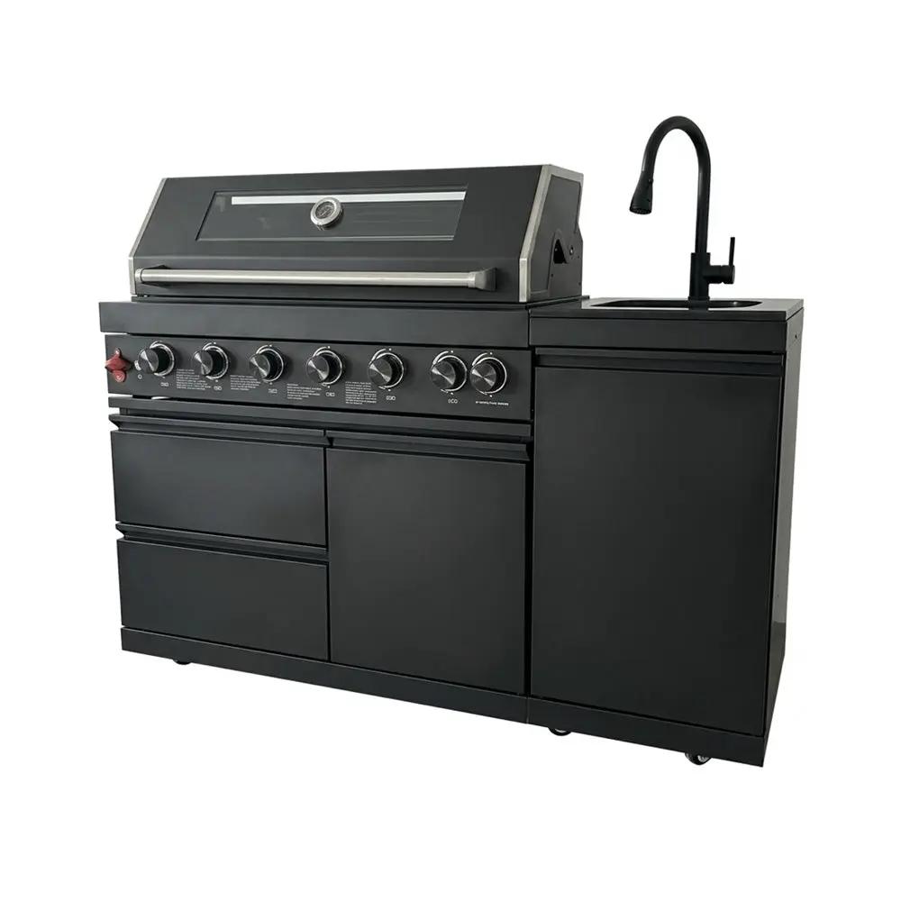 63" 6-Burner 85000 BTU Black Outdoor Kitchen Island Grill + Marble Countertops + Sink by Chery Industrial