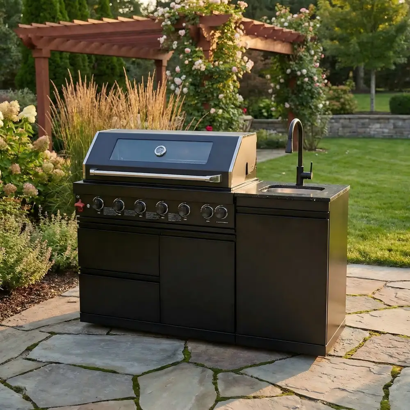 63" 6-Burner 85000 BTU Black Outdoor Kitchen Island Grill + Marble Countertops + Sink by Chery Industrial