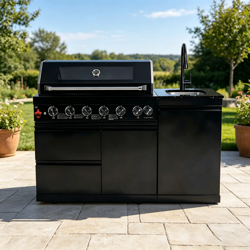 63" 6-Burner 85000 BTU Black Outdoor Kitchen Island Grill + Marble Countertops + Sink by Chery Industrial