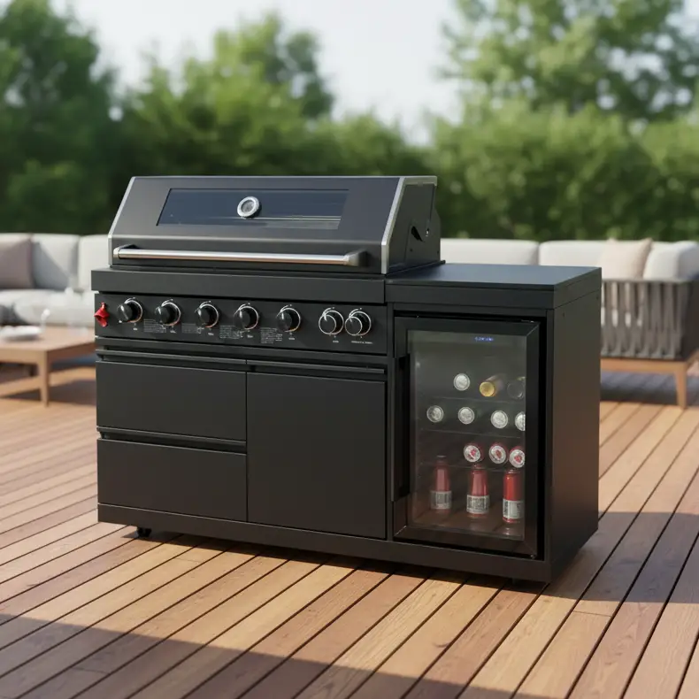 63" 6-Burner Black Outdoor Kitchen Island Grill + Fridge by Chery Industrial