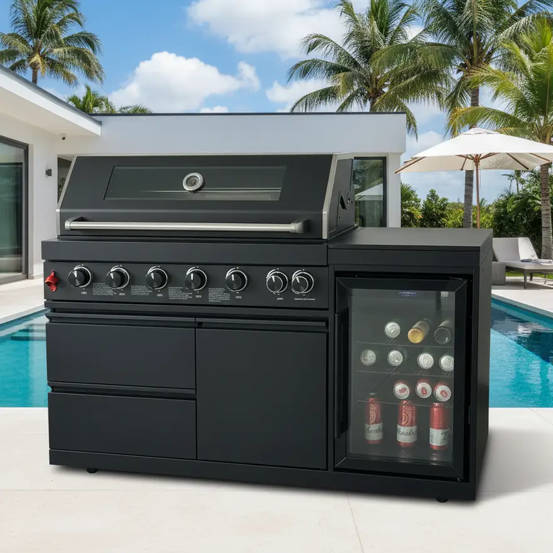63" 6-Burner Black Outdoor Kitchen Island Grill + Fridge by Chery Industrial