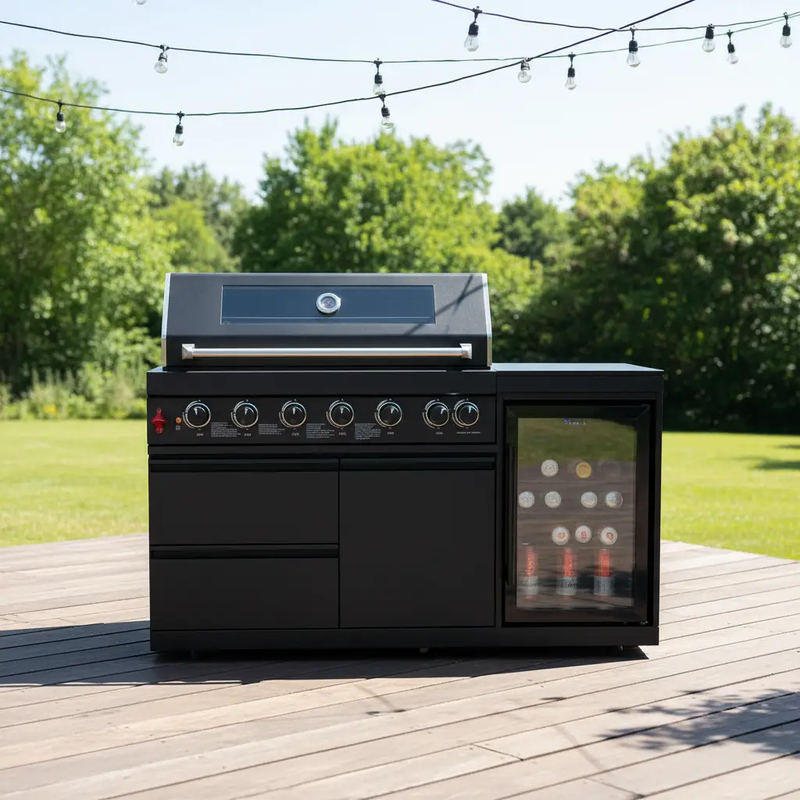63" 6-Burner Black Outdoor Kitchen Island Grill + Fridge by Chery Industrial