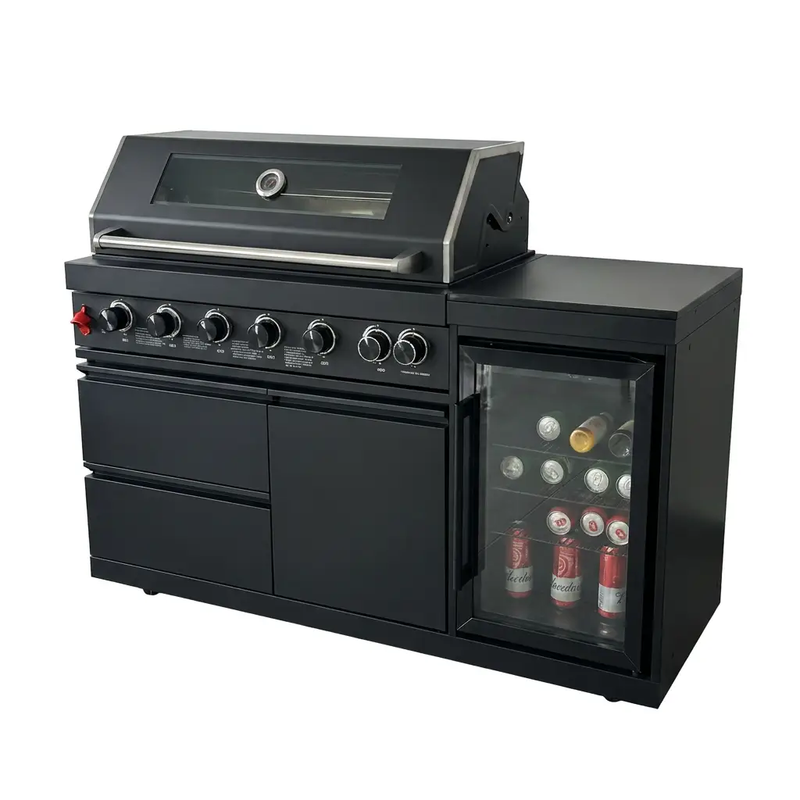 63" 6-Burner Black Outdoor Kitchen Island Grill + Fridge by Chery Industrial