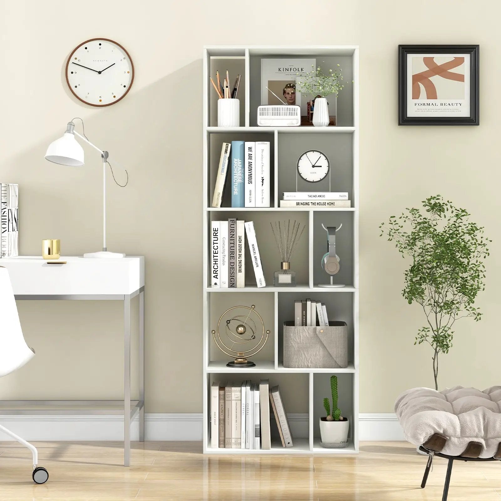 63 Inch 5-Tier Geometric 10-Cube Bookshelf Tall Bookcase-White by DirectDeals
