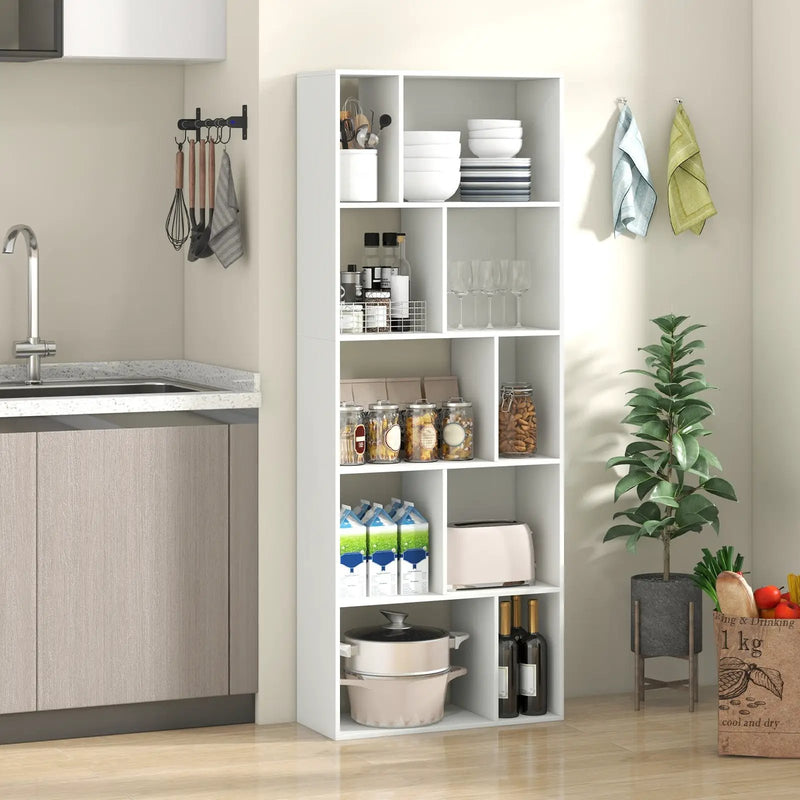 63 Inch 5-Tier Geometric 10-Cube Bookshelf Tall Bookcase-White by DirectDeals