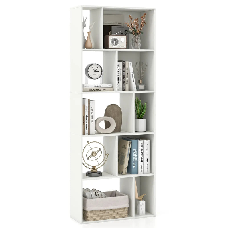 63 Inch 5-Tier Geometric 10-Cube Bookshelf Tall Bookcase-White by DirectDeals