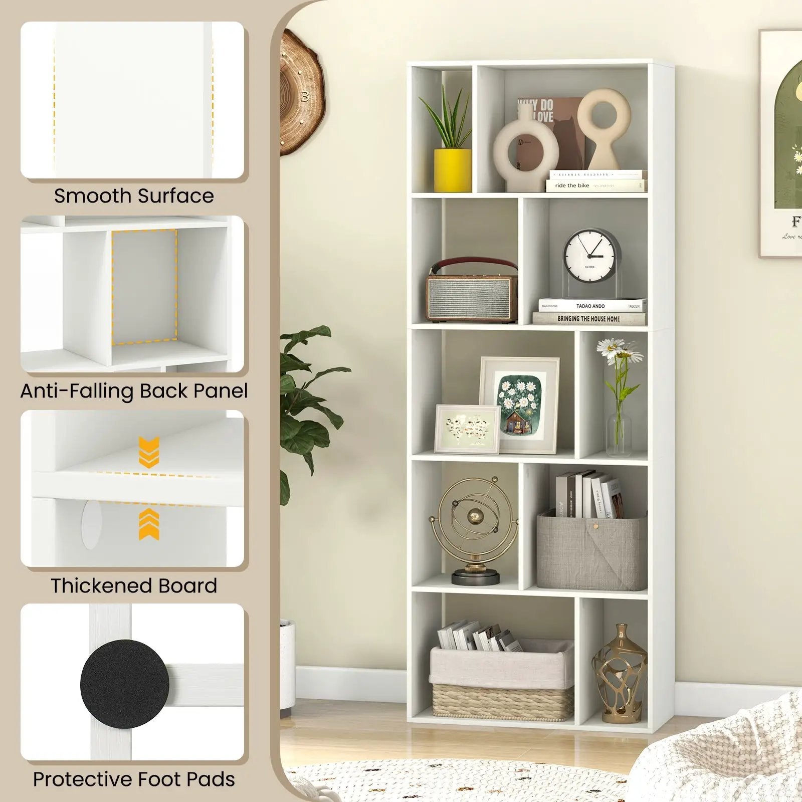 63 Inch 5-Tier Geometric 10-Cube Bookshelf Tall Bookcase-White by DirectDeals