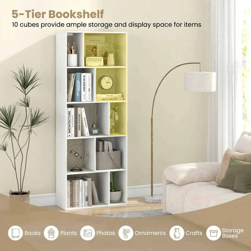 63 Inch 5-Tier Geometric 10-Cube Bookshelf Tall Bookcase-White by DirectDeals