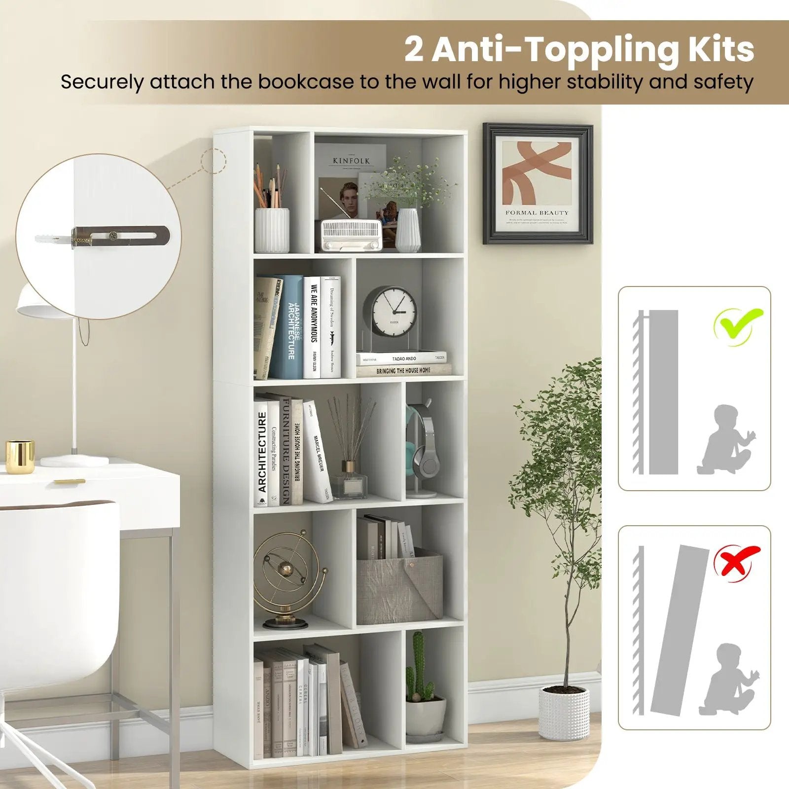 63 Inch 5-Tier Geometric 10-Cube Bookshelf Tall Bookcase-White by DirectDeals