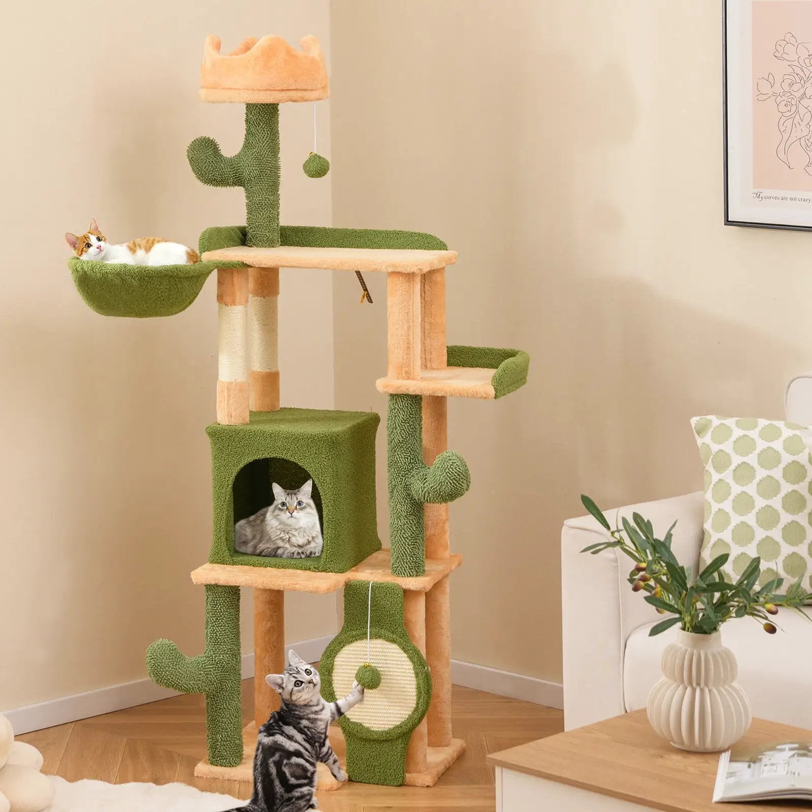 63 Inch Cactus Cat Tree with Sisal Scratching Posts and Board for Indoor Cats by DirectDeals