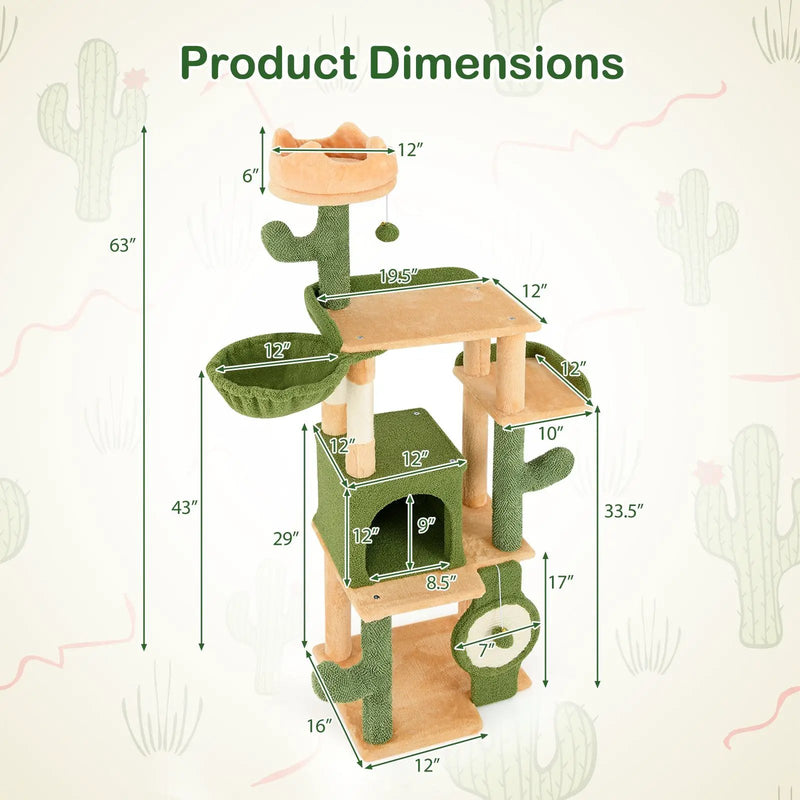 63 Inch Cactus Cat Tree with Sisal Scratching Posts and Board for Indoor Cats by DirectDeals