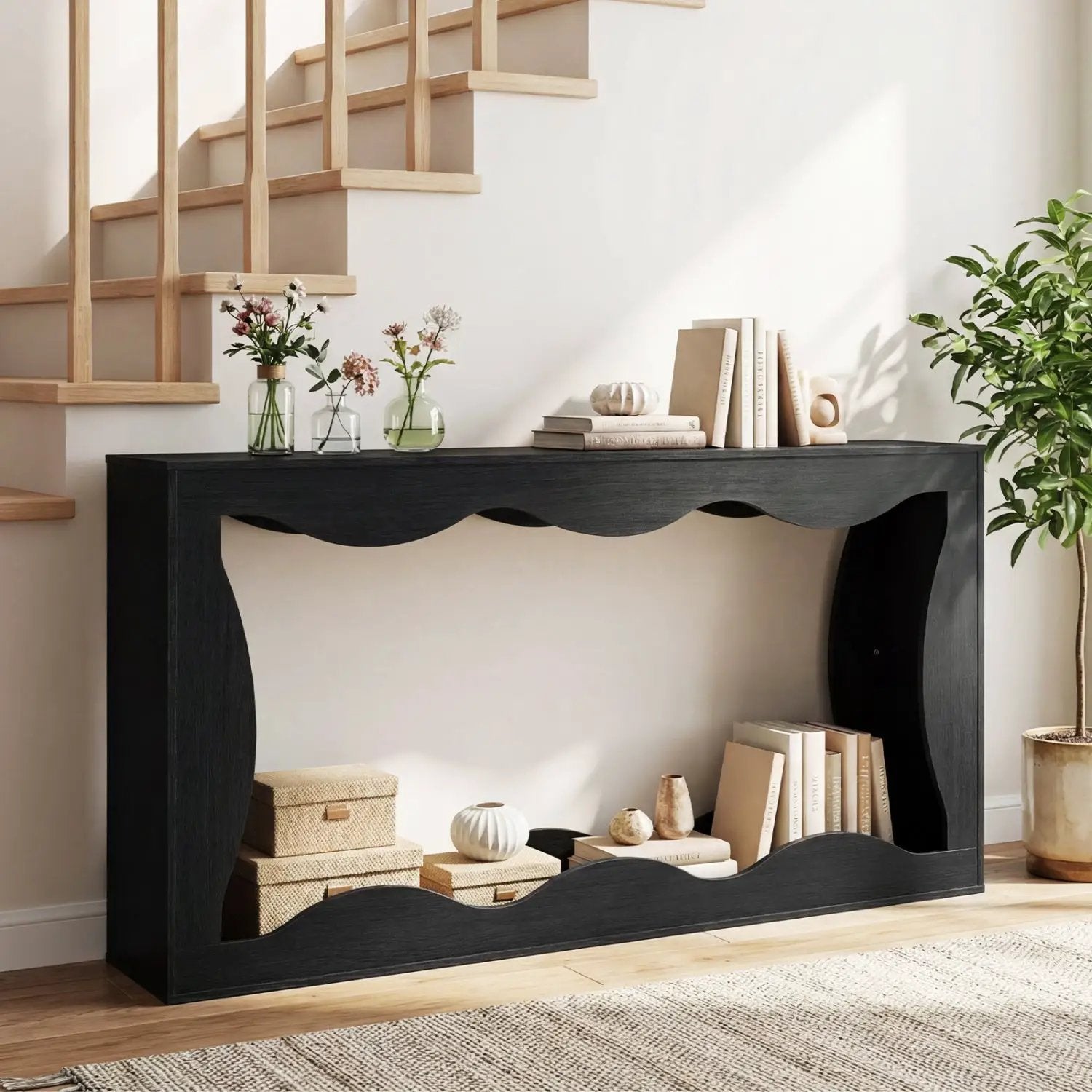 63 Inch Console Table 2-Tier Narrow Entryway Table with Wavy Edge Storage Shelf by DirectDeals