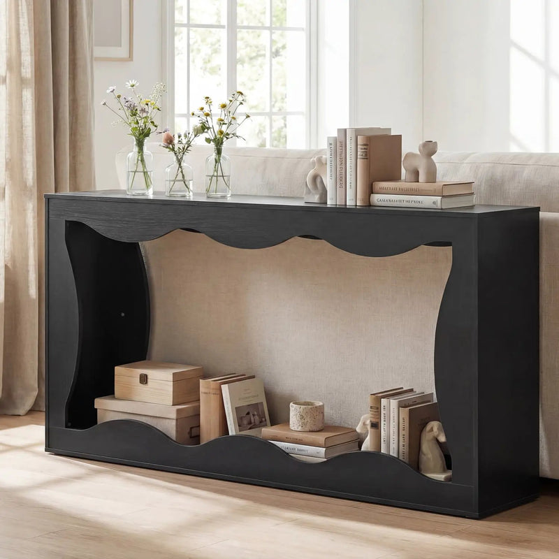 63 Inch Console Table 2-Tier Narrow Entryway Table with Wavy Edge Storage Shelf by DirectDeals