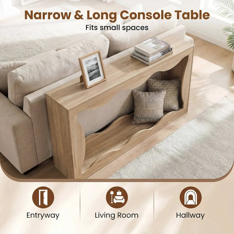 63 Inch Console Table 2-Tier Narrow Entryway Table with Wavy Edge Storage Shelf by DirectDeals