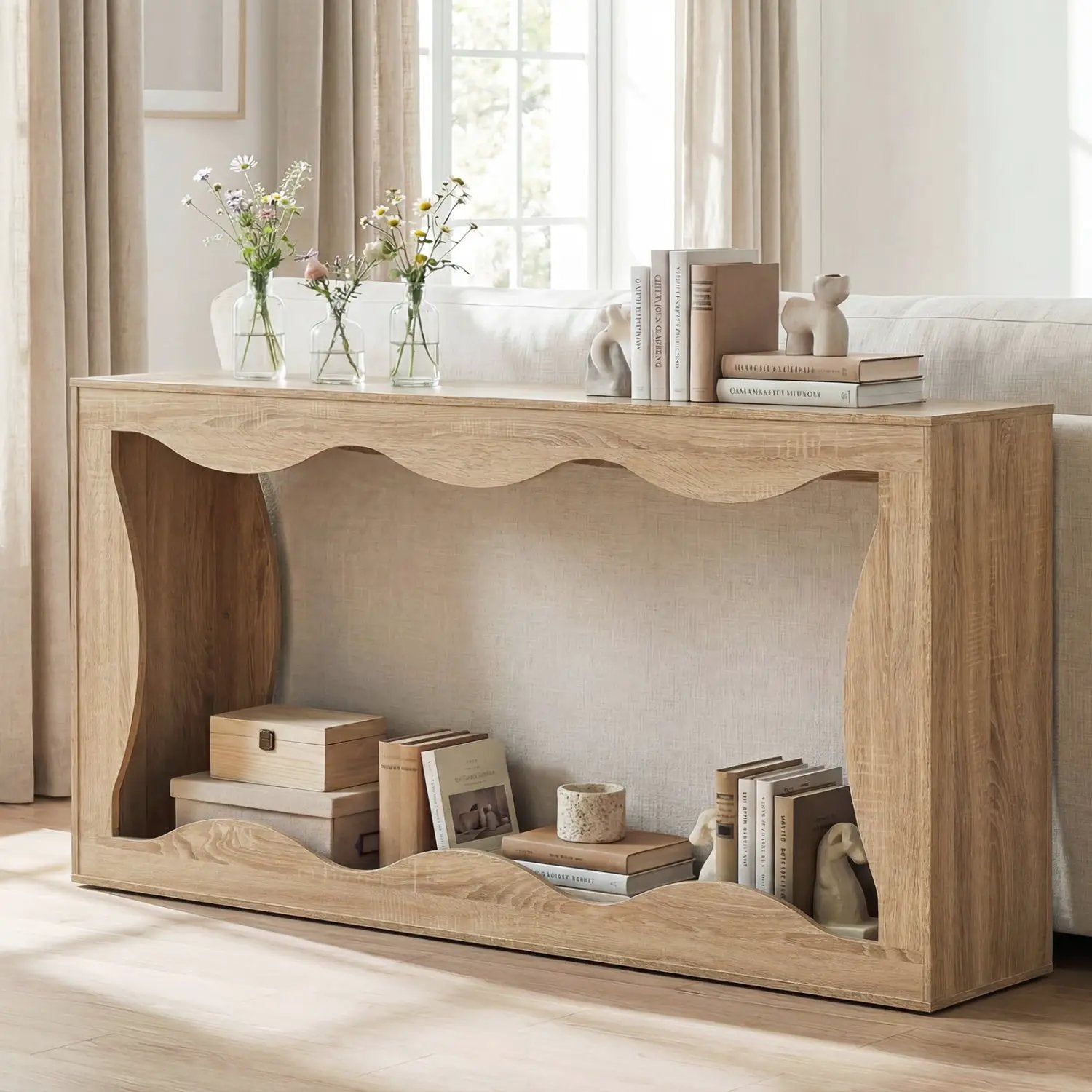 63 Inch Console Table 2-Tier Narrow Entryway Table with Wavy Edge Storage Shelf by DirectDeals