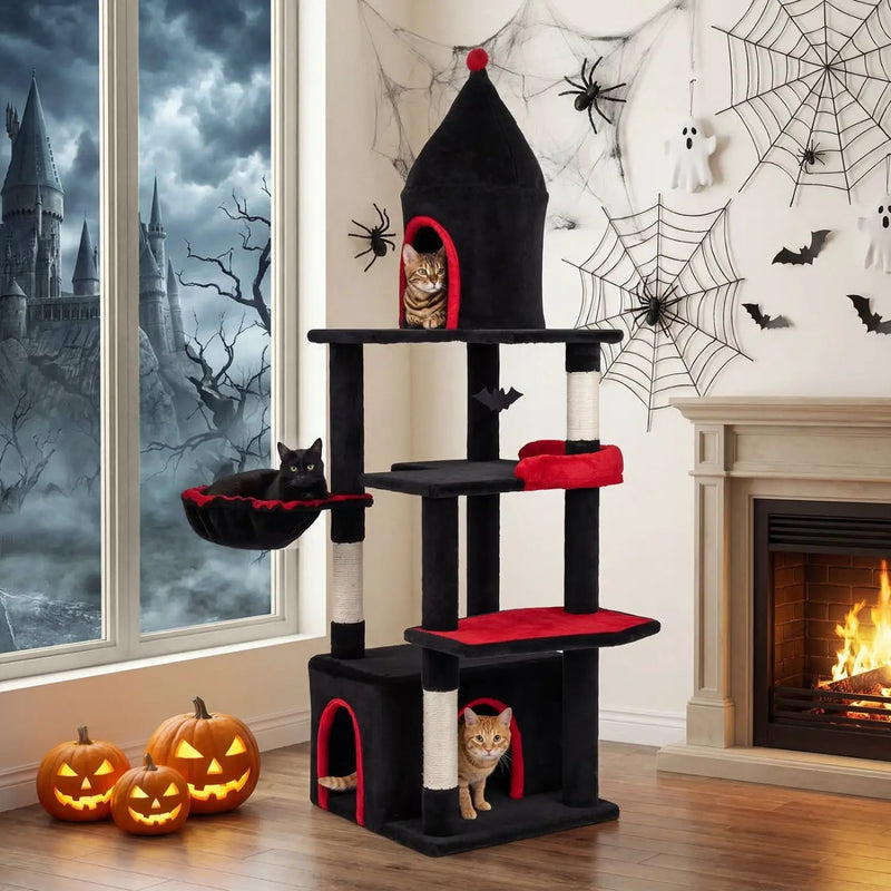 63 Inch Gothic Cat Tree with Condo and Top Cave for Large Cats 20+ LBS by DirectDeals