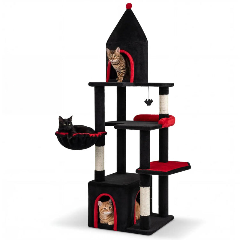 63 Inch Gothic Cat Tree with Condo and Top Cave for Large Cats 20+ LBS by DirectDeals