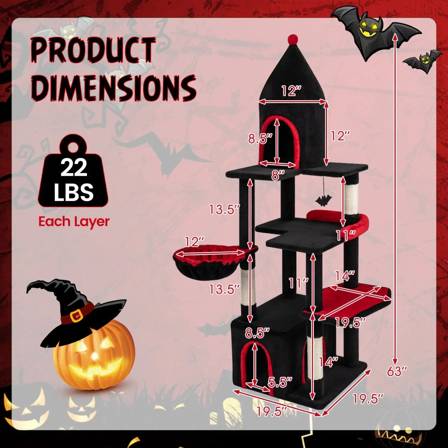 63 Inch Gothic Cat Tree with Condo and Top Cave for Large Cats 20+ LBS by DirectDeals