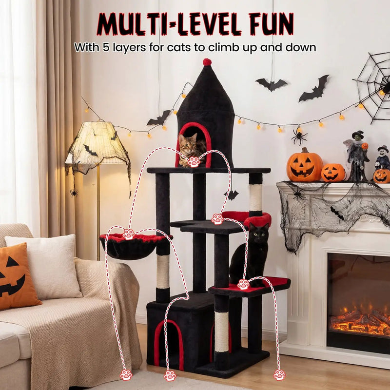 63 Inch Gothic Cat Tree with Condo and Top Cave for Large Cats 20+ LBS by DirectDeals