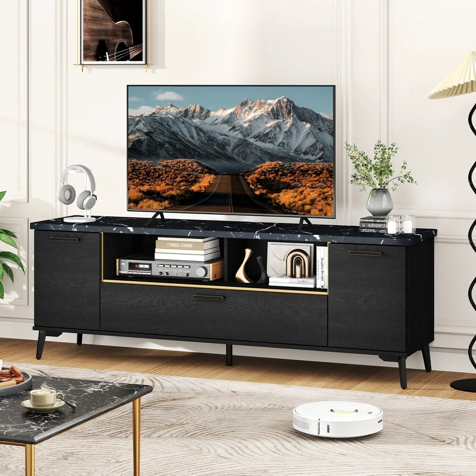63 Inch TV Stand with Flip Door Cabinet for TVs up to 75 Inch-Black by DirectDeals