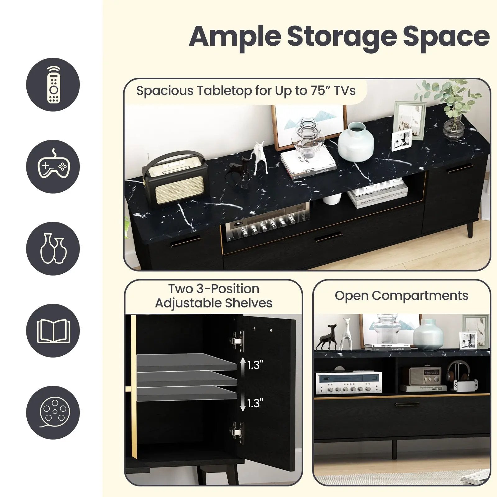 63 Inch TV Stand with Flip Door Cabinet for TVs up to 75 Inch-Black by DirectDeals